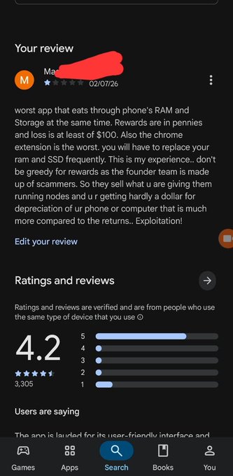 A user review on the Google Play Store gives a 1-star rating (02/01/26), complaining that the Grass app eats through phone RAM and storage while offering negligible rewards ("pennies") and requiring expensive hardware upgrades. The overall app rating is 4.2 stars from 3,305 reviews, and the post echoes the reviewer's sentiment, calling Grass a scam and urging others to uninstall and leave a 1-star review.