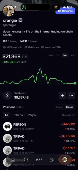 The image is a screenshot of a trading portfolio showing a total value of $21,368.68 with a 30-day gain of +$158,390.72, alongside recent losing positions in PERSON (-$479.02), TRIPAD (-$1,039.66), and another TRIPAD trade (-$577.97). It supports the post by visually illustrating the user's complaint about a rough September, as the recent trades shown are all in the red despite the strong 30-day performance highlighted at the top.