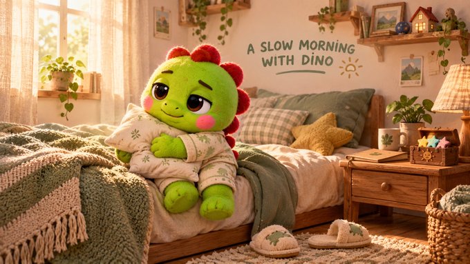 A cute plush green dinosaur toy sits on a cozy bed in a warmly lit bedroom scene with the text 'A SLOW MORNING WITH DINO' on the wall.