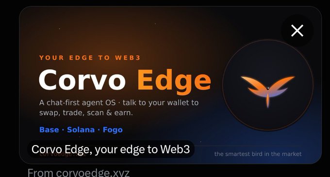 An advertisement for 'Corvo Edge,' described as 'YOUR EDGE TO WEB3' and 'A chat-first agent OS,' supporting Base, Solana, and Fogo blockchains.
