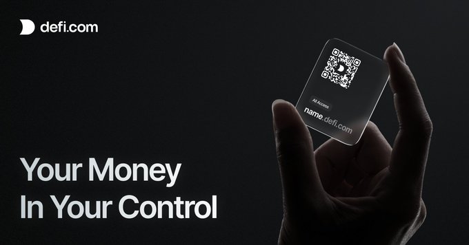 A defi.com advertisement with the text 'Your Money In Your Control,' showing a hand holding a card displaying a QR code with the name 'name.defi.com'.
