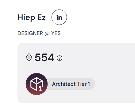 The image shows a profile card for "Hiep Ez" with a LinkedIn icon, labeled as "DESIGNER @ YES," displaying 554 points and an "Architect Tier 1" badge from the ARC platform. This visually confirms the post's claim of achieving Tier 1 status on ARC, humorously noted alongside the 554-point score.