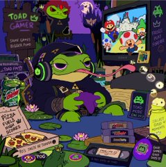 An illustration of a 'TOAD GAMER' features a green toad character wearing a headset and holding a purple controller, surrounded by gaming-related graphics including 'PIZZA TIME' and 'TAZOS'.