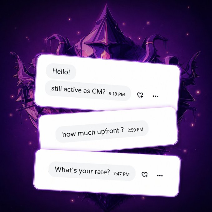 A purple fantasy-themed background with a dark wizard figure, featuring a chat conversation that reads 'Hello! still active as CM?', 'how much upfront?', and 'What's your rate?'.