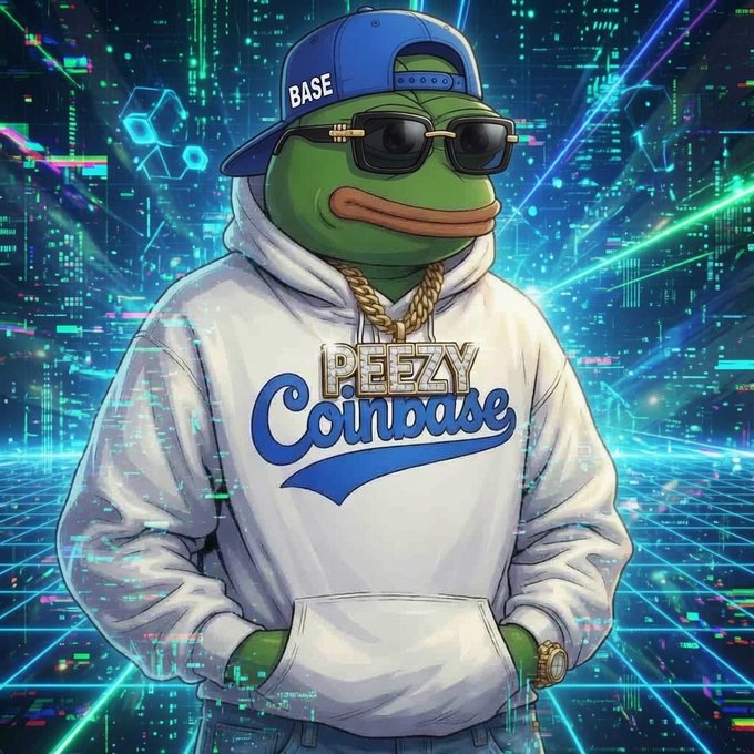A digital illustration of the Pepe the Frog meme character wearing a white 'PEEZY Coinbase' hoodie, a blue 'BASE' cap, sunglasses, and gold chains against a neon cyber background.