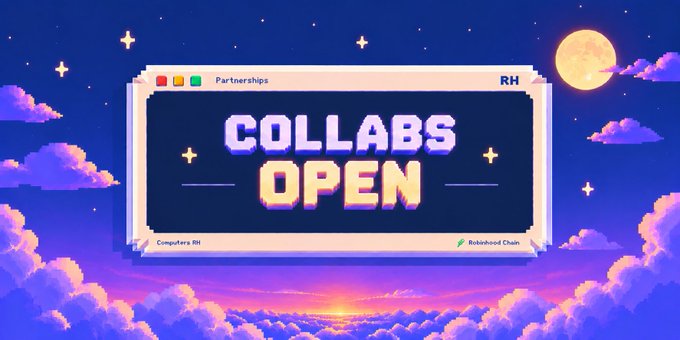 A pixel-art style graphic with a retro computer window displaying 'COLLABS OPEN' against a purple sky with clouds, a full moon, and stars; the window includes labels 'Partnerships', 'RH', 'Computers RH', and 'Robinhood Club'.