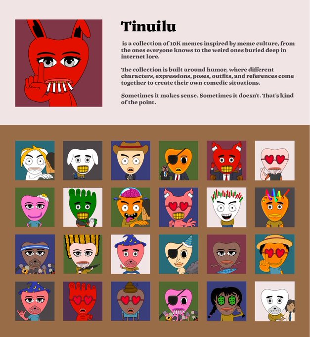 A description of the 'Tìnuilu' NFT collection, described as 'a collection of 10K memes inspired by meme culture', accompanied by a grid of various colorful cartoon character portraits.