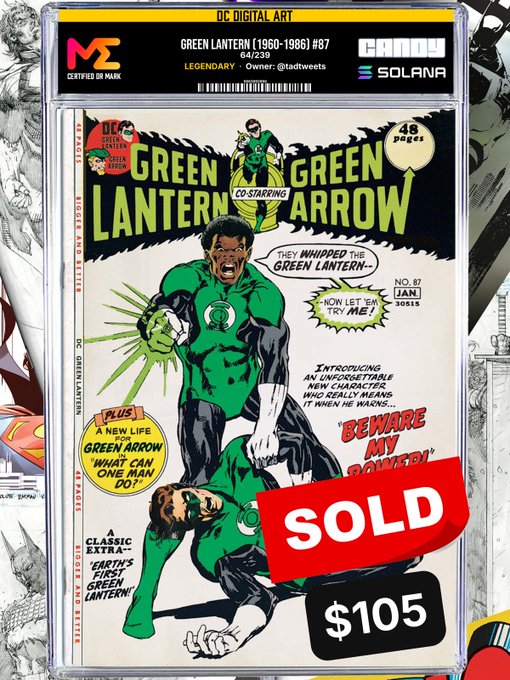 A CGC-certified DC Digital Art collectible of Green Lantern #87, graded 9.0 'LEGENDARY' by CANDY, features Green Lantern and Green Arrow on the cover and is marked SOLD for $105.