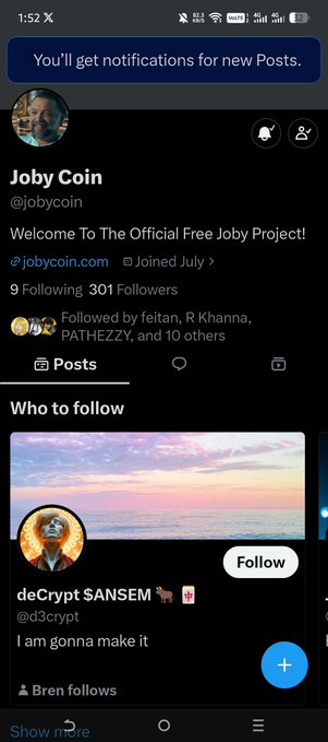 A mobile screenshot of an X (Twitter) profile page for 'Joby Coin' (@jobycoin), promoting the 'Official Free Joby Project' at jobycoin.com, with a 'Who to follow' suggestion for deCrypt $ANSEM.
