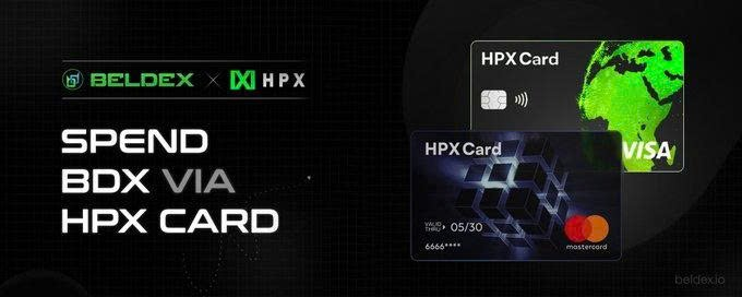 Promotional banner showing a partnership between Beldex and HPX, advertising that users can 'SPEND BDX VIA HPX CARD' alongside images of Mastercard and Visa crypto cards.