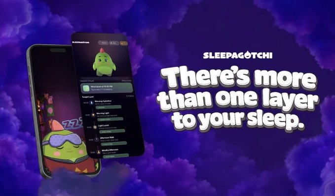 The image features a cell phone with an app called "@sleepagotchi" displayed on its screen. The background of the image is purple, which complements the green character from the app. The text above the image reads, "There's more than one layer to your sleep. SleepFi creates the opposite model. That'S why @sleepagotchi caught my attention." This suggests that the app focuses on promoting healthy sleeping habits and encourages users to prioritize their sleep over spending excessive time online.