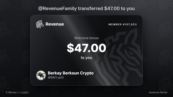 The image shows a payment notification from @RevenueFamily transferring a $47.00 welcome bonus to user Berkay Berksun Crypto (@BBCrypt0), member #107,653. This screenshot relates to the accompanying post warning that RevenueFamily is actually a scam, advising users not to attempt withdrawals and to disconnect from the platform.