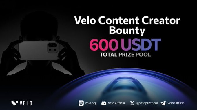 A promotional graphic for a 'Velo Content Creator Bounty' featuring a 600 USDT total prize pool, with the VELO logo and social media handles (velo.org, Velo Official, @veloprotocol) displayed at the bottom.