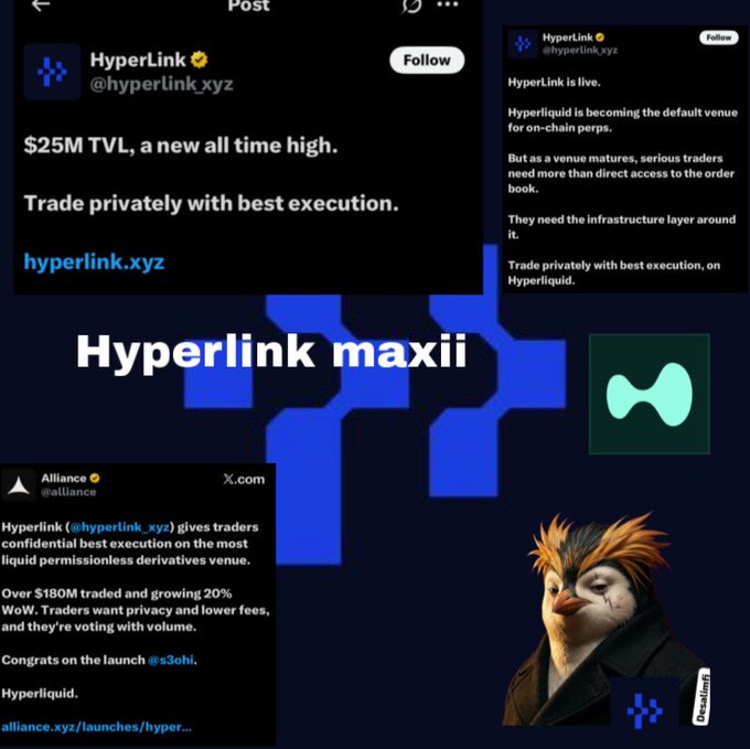 A promotional collage celebrating HyperLink's ($hyperlink.xyz) $25M TVL all-time high on Hyperliquid, featuring tweets from HyperLink and Alliance (@alliance) praising its confidential best execution for traders and an owl mascot character. The image visually reinforces the post's message about HyperLink solving trader privacy issues (leaking wallet size, timing, and inventory) by offering confidential execution on the same Hyperliquid book.