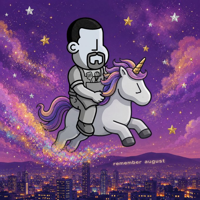A digital illustration depicts a stylized character riding a white unicorn with a rainbow mane through a starry purple sky over a city skyline, with the text 'remember august' floating above the buildings.