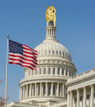 A photograph of the U.S. Capitol Building dome with the American flag in the foreground, humorously edited to show a Shiba Inu dog (Dogecoin mascot) standing on top of the dome.