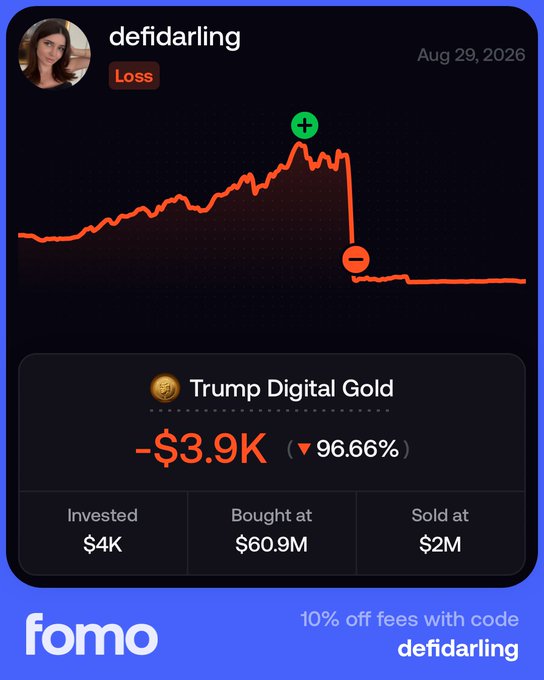 A trading app screenshot shows user "defidarling" losing -$3.9K (96.66%) on "Trump Digital Gold," having invested $4K at $60.9M and selling at $2M. The accompanying post confirms the user re-entered at $5M after an initial profitable exit, only to watch the token peak at $60M before selling at a steep loss—illustrating a cautionary "FOMO" lesson in crypto trading.