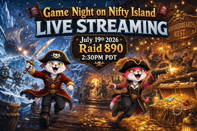 A vibrant pirate-themed graphic advertising a 'Game Night on Nifty Island' livestream event for 'Raid 890' on July 19th, 2026 at 2:30 PM PDT, featuring two cartoon cats in pirate attire at a treasure-filled 'Whiskerbeard's Rest' tavern.