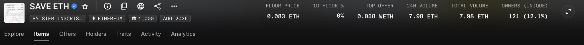 An NFT marketplace statistics bar showing 'SAVE ETH' collection with a floor price of 0.083 ETH, 1D floor % of 0%, top offer of 0.058 WETH, 24H volume of 7.98 ETH, and 121 unique owners (12.1%).
