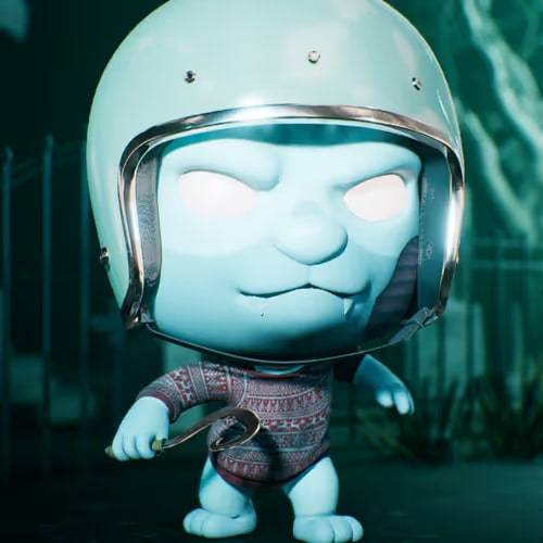 A 3D-rendered baby character with glowing white eyes, wearing a retro space helmet and a patterned sweater, holding a rattle in a dark environment.