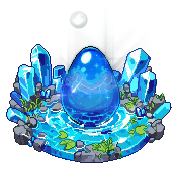 A pixel art illustration of a blue water egg surrounded by crystals, rocks, and foliage on a small circular island with a water droplet icon above it.
