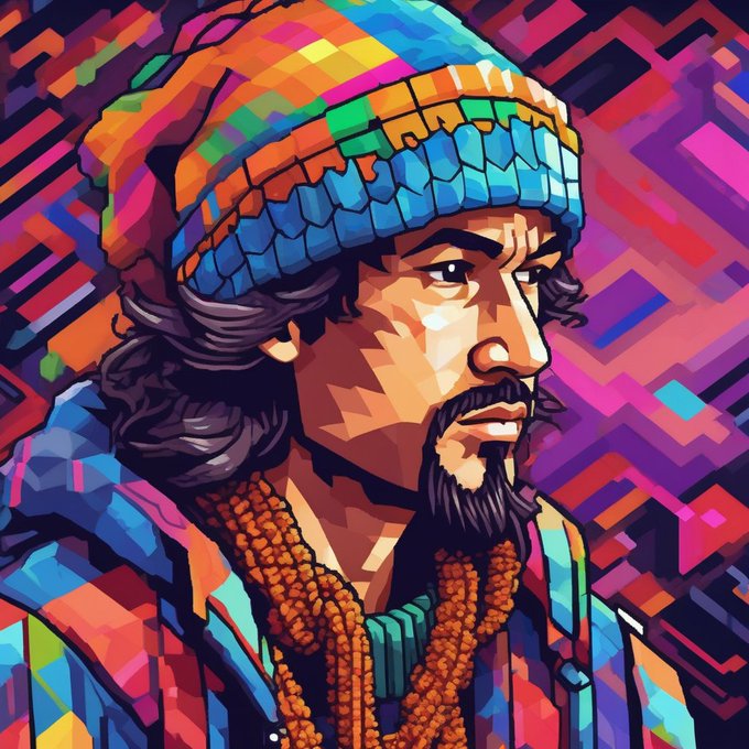 A colorful, geometric pop-art style digital portrait of a man with a beard wearing a vibrant multicolored knit beanie, layered clothing, and orange beaded necklaces against an abstract rainbow background.