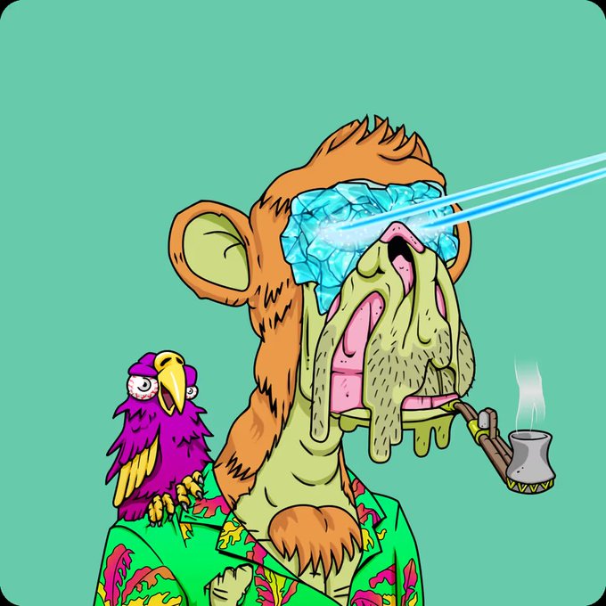 A psychedelic cartoon illustration of a monkey with melting, colorful features wearing ice-blue visor glasses that shoot laser beams, holding a smoking pipe with a purple bird perched on its shoulder.