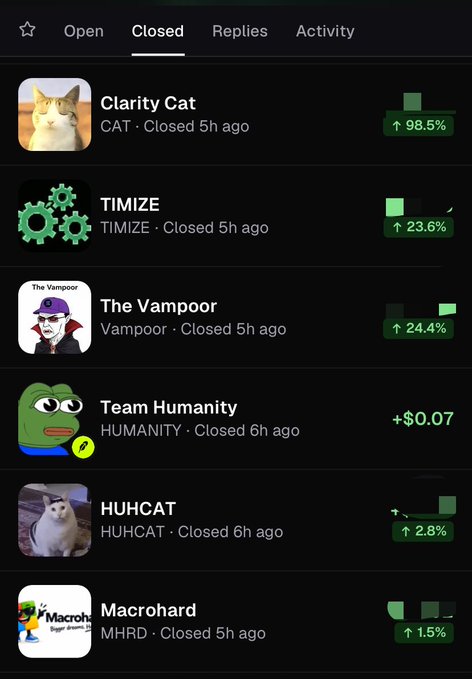 Mobile app screenshot showing a crypto/stock portfolio 'Closed' tab with meme tokens like Clarity Cat (CAT) up 98.5%, TIMIZE up 23.6%, The Vampoor up 24.4%, Team Humanity up $0.07, HUHCAT up 2.8%, and Macrohard (MHRD) up 1.5%.