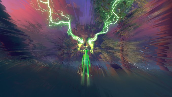 An abstract digital artwork depicting a glowing green humanoid figure radiating bright green lightning-like energy beams against a dark, colorful cosmic background.