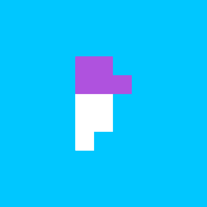 A minimalist logo featuring a purple and white stylized letter 'F' on a teal background.