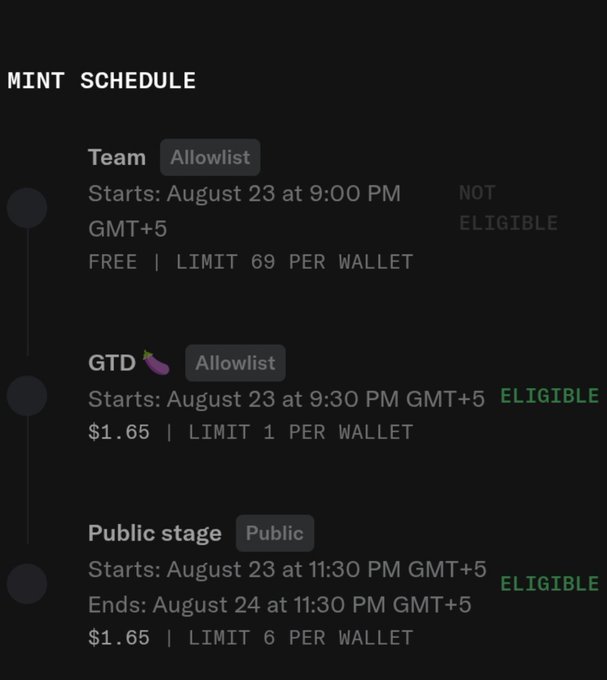 A 'MINT SCHEDULE' graphic showing three stages: Team (Allowlist, Aug 23, 9:00 PM, Free, NOT ELIGIBLE), GTD (Allowlist, Aug 23, 9:30 PM, $1.65, ELIGIBLE), and Public stage (Aug 24, 11:30 PM, $1.65, ELIGIBLE).