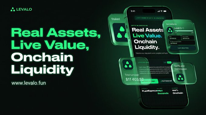 Promotional graphic for 'LEVALO' with text 'Real Assets, Live Value, Onchain Liquidity' and website www.levalo.fun, featuring 3D-style phone mockups showing DeFi staking interfaces.