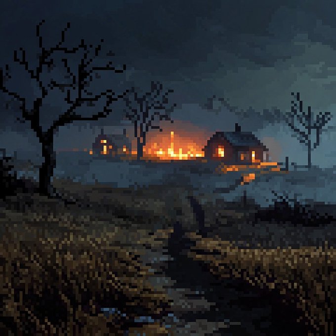 A pixel art scene depicting a dark, eerie night with bare trees silhouetted against a cloudy sky, where a burning house glows with intense orange flames in the distance, illuminating a small structure beside it. A faint path leads through the shadowy, barren foreground, capturing the haunting "dark dreams" atmosphere described in the post.