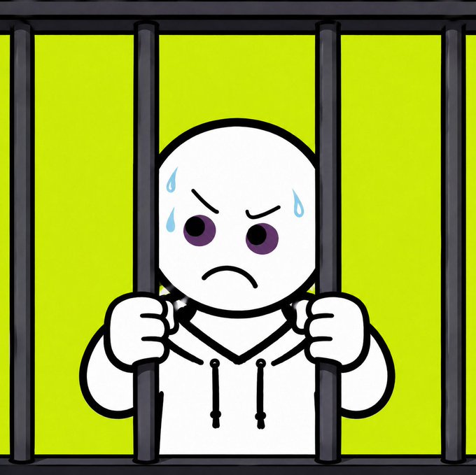 A cartoon illustration of a white character with a sad expression and sweat drops, wearing a hoodie and gripping black prison bars against a bright green background.