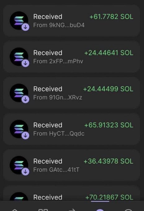 A mobile screen showing a series of incoming Solana (SOL) crypto transactions from various anonymous wallets, with amounts including 61.7782, 24.44641, 65.91323, and 36.43978 SOL.