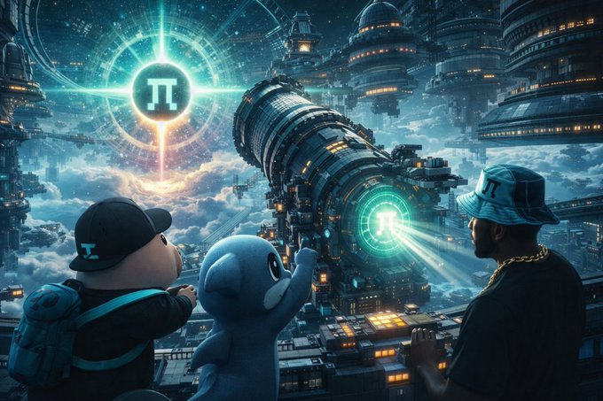 A futuristic sci-fi scene showing two characters and a small mascot looking up at massive orbital space stations and glowing circular structures with a stylized 'π' (Pi) symbol, suggesting a Pi Network-themed illustration.