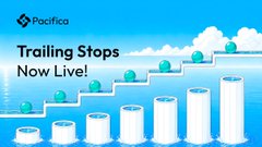 A Pacifica banner announces "Trailing Stops Now Live!" featuring the brand's logo, a sunny sky illustration with clouds, and ascending blue bar charts that visually represent the upward tracking and profit-protecting nature of the new trailing stop feature.