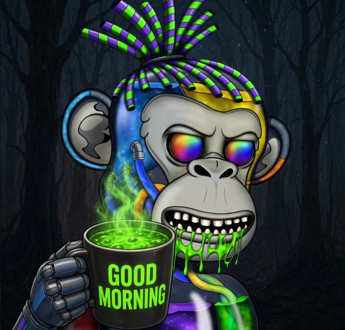 A stylized digital artwork of a robotic chimpanzee with neon green and purple dreadlocks, glowing rainbow eyes, and green drool, holding a black mug that says 'GOOD MORNING' against a dark forest background.