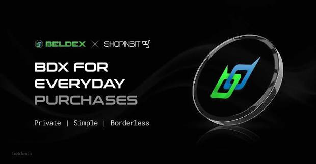 A promotional banner for Beldex and ShopBitBit featuring the text 'BDX FOR EVERYDAY PURCHASES' and 'Private | Simple | Borderless' next to a coin displaying the BDX logo.