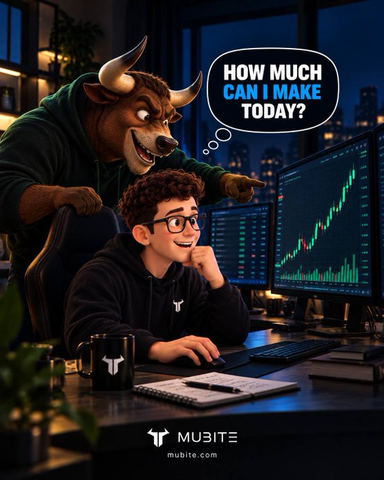 A cartoon illustration from Mubite showing a young trader at his computer looking at a rising stock chart while a bull whispers 'HOW MUCH CAN I MAKE TODAY?' in his ear.