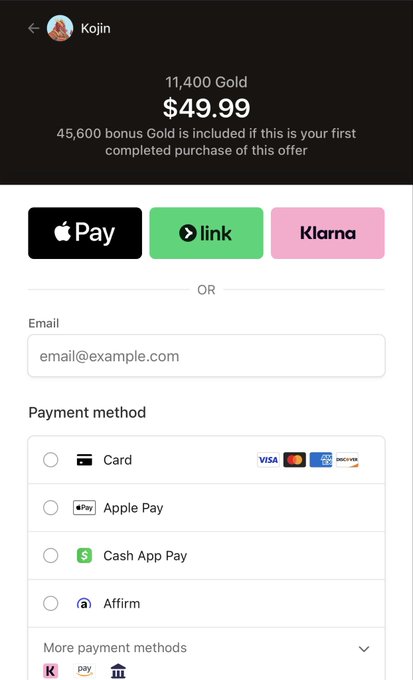 A mobile checkout screen for 'Kojin' showing a purchase of '11,400 Gold' for '$49.99', offering payment options like Apple Pay, Link, Klarna, Card, Cash App Pay, and Affirm.