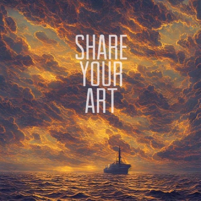 An artistic sunset scene over the ocean with a small ship silhouetted against the horizon, overlaid with the text 'SHARE YOUR ART'.