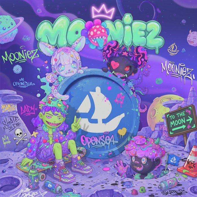 A colorful, psychedelic digital artwork titled 'MOONIEZ' features an OpenSea logo, various cartoon monsters on a moon-like surface, and text like 'MY OPENSEA', 'TO THE MOON', and 'SKATE OR DIE'.