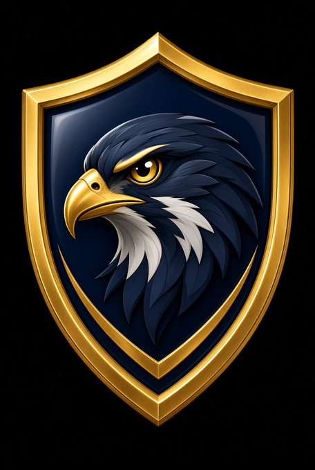 A digital illustration of a golden shield emblem with a dark blue background, featuring a detailed eagle head with yellow eyes, a gold beak, and white and dark feathers.