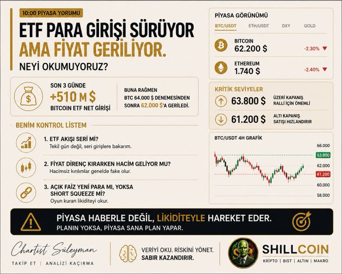 Turkish crypto market analysis titled 'ETF PARA GİRİŞİ SÜRÜYOR AMA FİYAT GERİLİYOR. NEYİ OKUMUYORUZ?' showing BTC at $62,200 and ETH at $1,740, with analysis by 'Chartist Süleyman' and 'SHILLCOIN'.