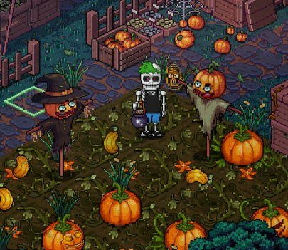 An illustrated scene featuring a skeleton character in a pumpkin patch surrounded by scarecrows, pumpkins, and a small ghost.