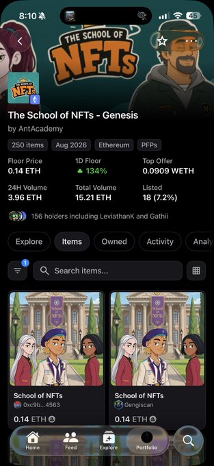 A mobile screenshot of an OpenSea NFT collection page for "The School of NFTs - Genesis" by AntAcademy, showing 250 items with a floor price of 0.14 ETH and featuring cartoon-style character artwork of students in front of a school building. The collection's playful, academy-themed visuals match the lighthearted "Fun" tone of the accompanying post.