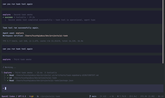 The image depicts a computer screen filled with code, specifically a script that contains a section of text. The text reads "pi task adds", which appears to be a command line option or an extension. A user interface allows for easy viewing and interaction with this feature in a workspace like Github. The post states that it enables users to spawn specialized sub-agents to carry out background tasks, ensuring the completion of these tasks once finished, and offers various options on how to access and view its details.