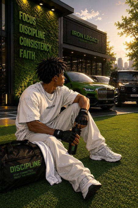 A young man sits on the grass holding a shaker bottle next to a duffel bag labeled 'DISCIPLINE', with the words 'FOCUS DISCIPLINE CONSISTENCY FAITH' displayed on a green wall behind him.