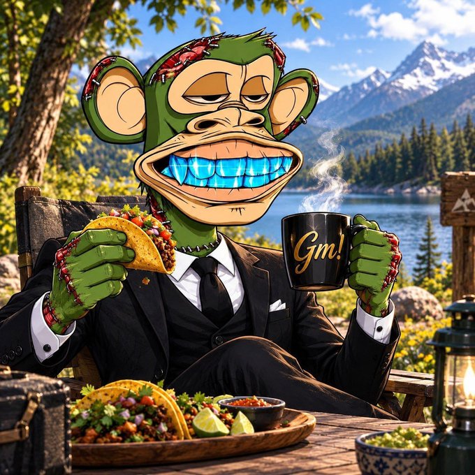 A digital illustration of an anthropomorphic monkey in a black suit and tie, eating tacos and holding a black mug that says 'Gm!' by a scenic lake and mountains.